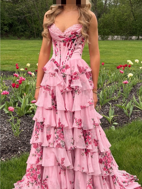 Sherri Hill Dresses & Skirts - Sherri Hill Pink Floral Tiered Ruffled Corset Gown